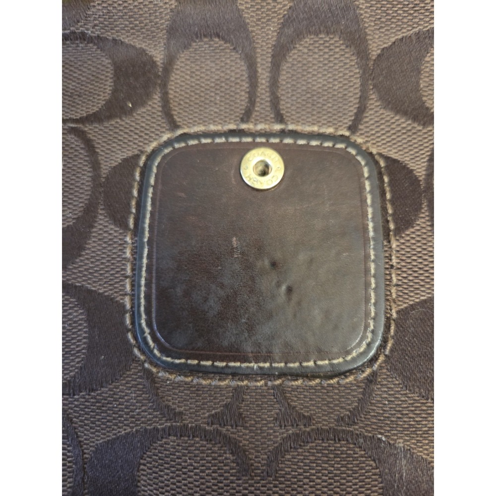 Coach Bleeker Signature Jacquard Trifold ID Wallet Dark Brown Gold Buckle - Picture 8 of 10